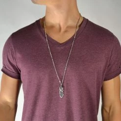 Fort Tempus Silver-Tone Stainless Steel Feather Cable Chain Necklace -MEN NECKLACES shop fjer sta lhalsk de
