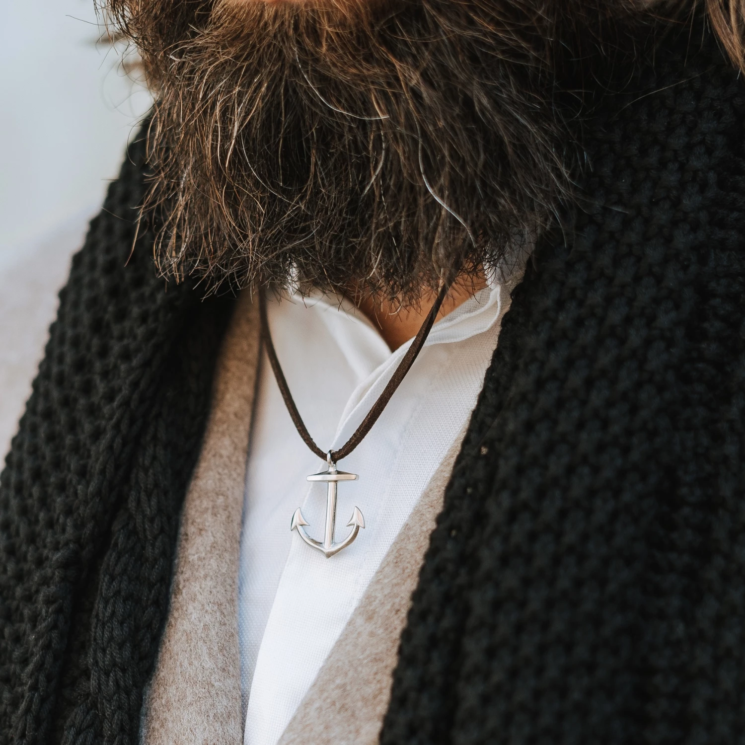 Lucleon Brown Leather With Silver-Tone Stainless Steel Anchor Necklace 7 Lucleon Brown Leather With Silver-Tone Stainless Steel Anchor Necklace - Image 5