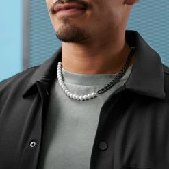 Lucleon Amager | 7 mm Gunmetal Stainless Steel & White Pearl Curb Chain Necklace -MEN NECKLACES shop rst acpa collectionpage black 23056 bjarkejohansen 3