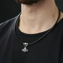 Fort Tempus Black Leather With Double-Sided Viking Hammer Necklace -MEN NECKLACES shop rst megashoot n 26 14386