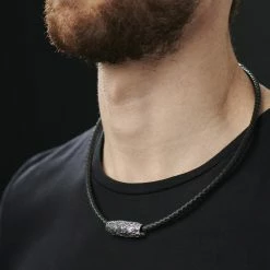 Fort Tempus Black Leather With Silver-Tone Stainless Steel Rune Barrel Necklace -MEN NECKLACES shop rst megashoot n 30 14392