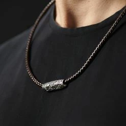 Fort Tempus Brown Leather With Silver-Tone Stainless Steel Rune Barrel Necklace -MEN NECKLACES shop rst megashoot neck 14363 2