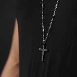Fort Tempus Silver-Tone Stainless Steel Small Black Cross Cable Chain Necklace -MEN NECKLACES shop rst megashoot neck 3061 2
