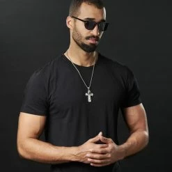 Fort Tempus Silver-Tone & Black Stainless Steel Curved Layered Cross Box Chain Necklace -MEN NECKLACES shop rst megashoot neck2 1 17559