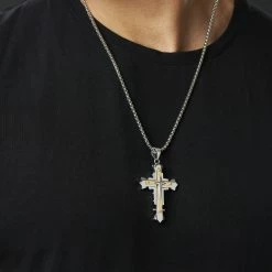 Fort Tempus Silver- & Gold-Tone Stainless Steel Riveted Cross Box Chain Necklace -MEN NECKLACES shop rst megashoot neck2 2 17556