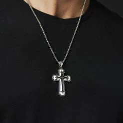 Fort Tempus Silver-Tone & Black Stainless Steel Curved Layered Cross Box Chain Necklace -MEN NECKLACES shop rst megashoot neck2 2 17559