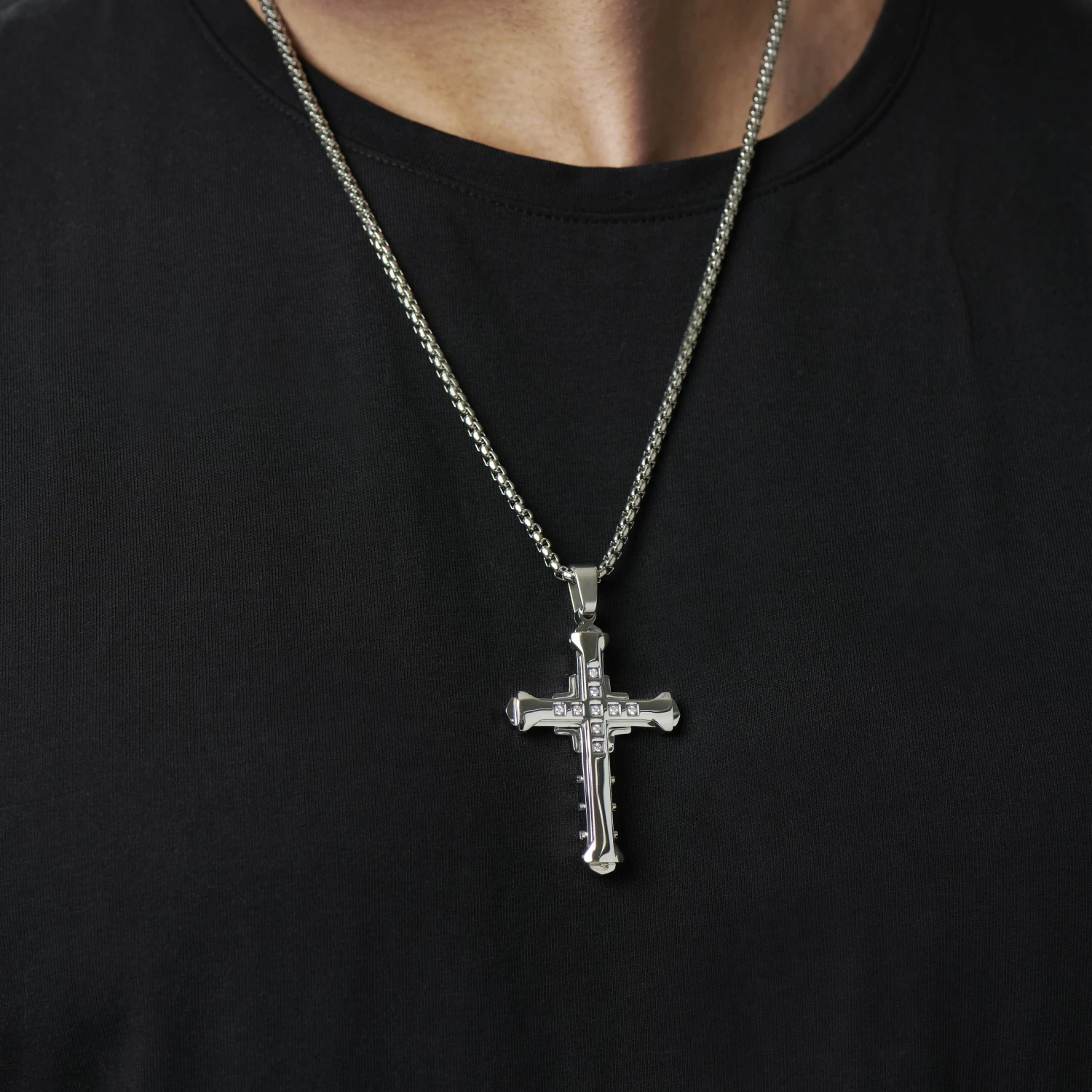 Fort Tempus Silver-Tone Stainless Steel Studded & Layered Cross Box Chain Necklace 5 Fort Tempus Silver-Tone Stainless Steel Studded & Layered Cross Box Chain Necklace - Image 3