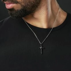 Fort Tempus Silver-Tone Stainless Steel With Black Cross & Silver-Tone Halo Cable Chain Necklace -MEN NECKLACES shop rst megashoot neck2 2 17769 1
