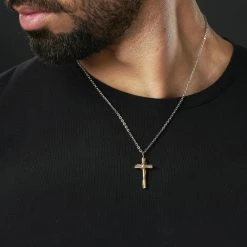 Fort Tempus Silver-Tone Stainless Steel With Gold-Tone Cross & Silver-Tone Halo Cable Chain Necklace -MEN NECKLACES shop rst megashoot neck2 2 17770 1