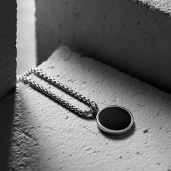 Arkai Orisun | Silver-Tone Stainless Steel & Black Onyx Circle Chain Necklace -MEN NECKLACES shop rst oscl orison ig flatlay 246321x1 4a 1
