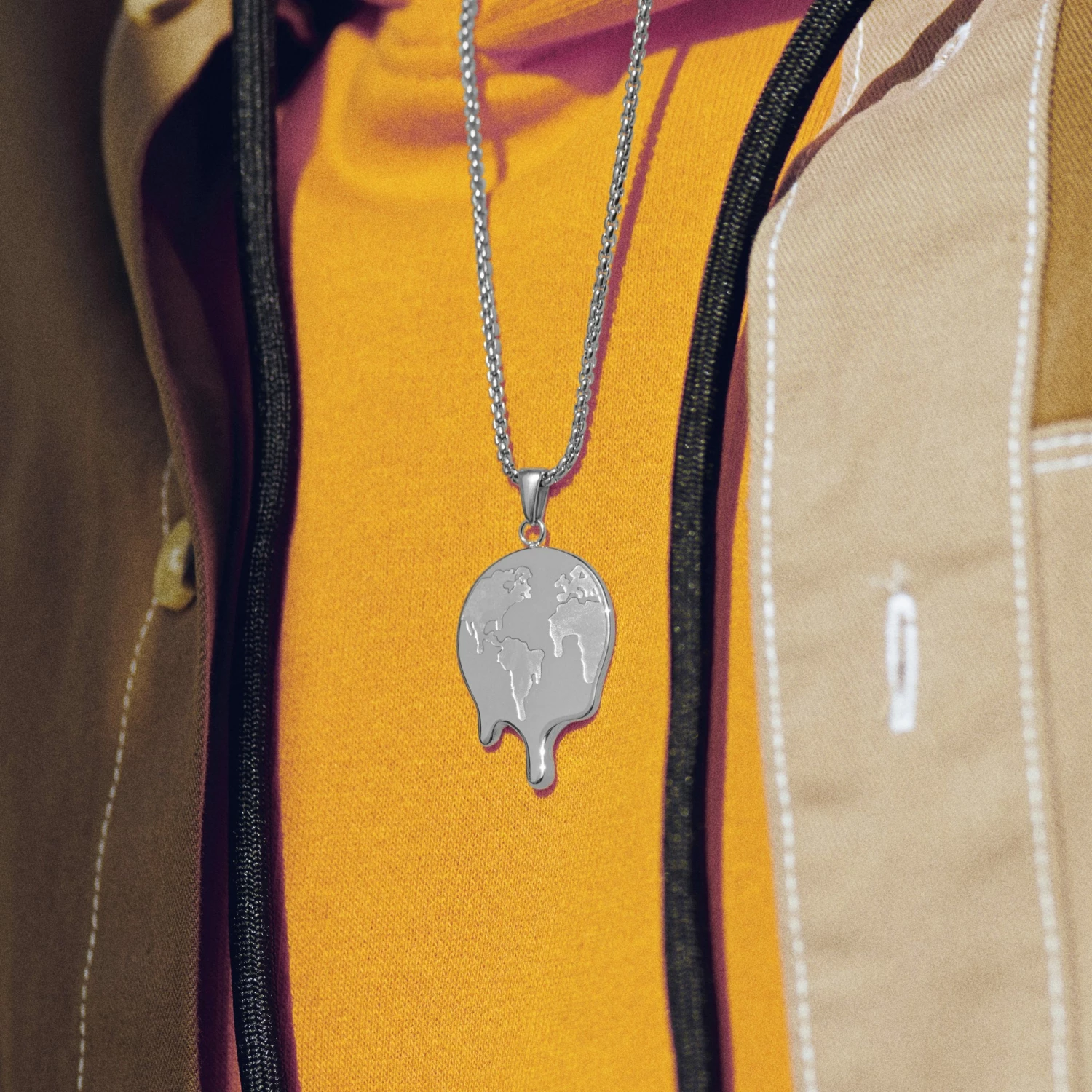 Otsu Fahrenheit | Silver-Tone Stainless Steel Melting Earth Box Chain Necklace 4 Otsu Fahrenheit | Silver-Tone Stainless Steel Melting Earth Box Chain Necklace - Image 2