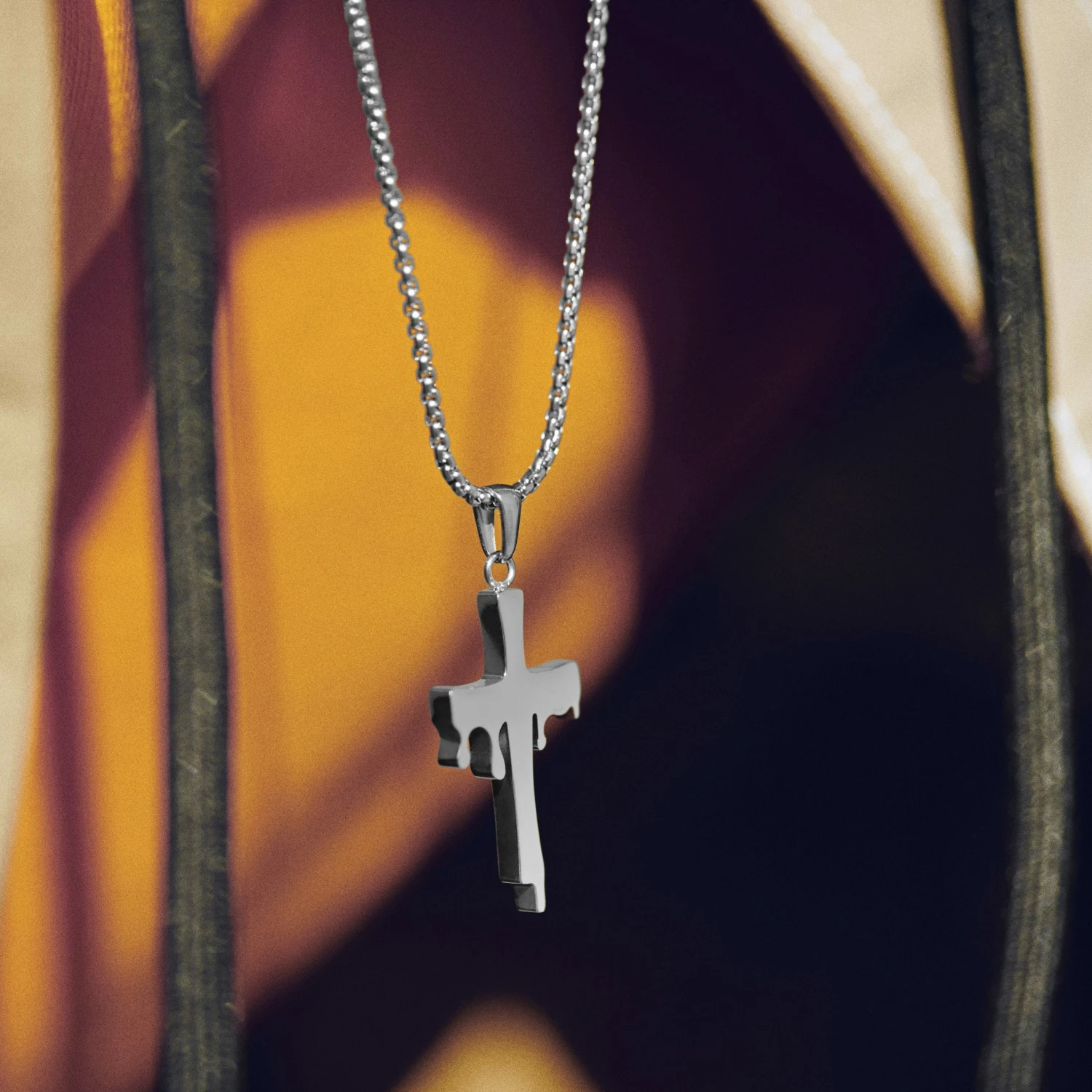 Otsu Fahrenheit | Silver-Tone Stainless Steel Melting Cross Box Chain Necklace 4 Otsu Fahrenheit | Silver-Tone Stainless Steel Melting Cross Box Chain Necklace - Image 2