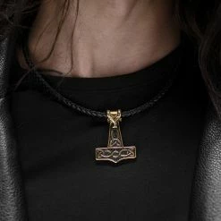 Fort Tempus Black Leather With Gold-Tone Thor's Hammer Necklace -MEN NECKLACES shop rst vknls v1 2