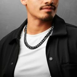 Lucleon 12 mm Black Stainless Steel Cuban Chain Necklace -MEN NECKLACES shop ste megashoot 22084 2 6