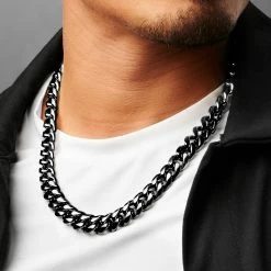 Lucleon 12 mm Black Stainless Steel Cuban Chain Necklace -MEN NECKLACES shop ste megashoot 22084 2 6bm