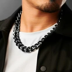 Lucleon 18 mm Black Stainless Steel Cuban Chain Necklace -MEN NECKLACES shop ste megashoot 22099 4 6