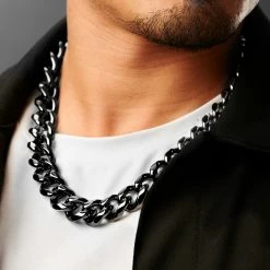 Lucleon 18 mm Black Stainless Steel Cuban Chain Necklace -MEN NECKLACES shop ste megashoot 22099 4 6bm