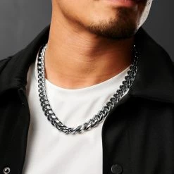 Lucleon 14 mm Silver-Tone Stainless Steel Cuban Chain Necklace -MEN NECKLACES shop ste megashoot 22109 1 5