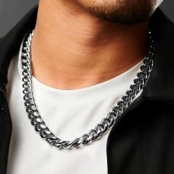 Lucleon 14 mm Silver-Tone Stainless Steel Cuban Chain Necklace -MEN NECKLACES shop ste megashoot 22109 1 5bm