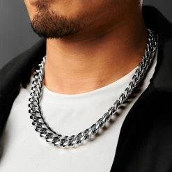 Lucleon 16 mm Silver-Tone Stainless Steel Cuban Chain Necklace -MEN NECKLACES shop ste megashoot 22114 3 3