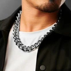 Lucleon 18 mm Silver-Tone Stainless Steel Cuban Chain Necklace -MEN NECKLACES shop ste megashoot 22119 4 5 1