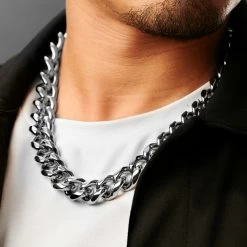 Lucleon 18 mm Silver-Tone Stainless Steel Cuban Chain Necklace -MEN NECKLACES shop ste megashoot 22119 4 5bm