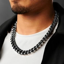 Lucleon 16 mm Black Stainless Cuban Chain Steel Necklace -MEN NECKLACES shop ste megashoot 22129 3 4
